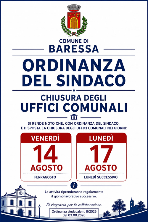 Chiusura degli Uffici Comunali â€“ Ordinanza Sindacale n. 8/2026